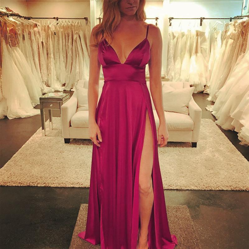 Sexy Deep V Neck Long Satin Burgundy Evening Dresses 2019