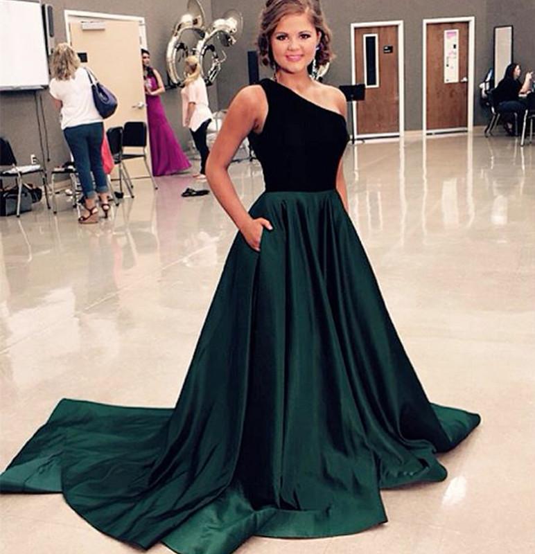 One Shoulder Long Satin Prom Dresses Velvet Top Evening Gowns