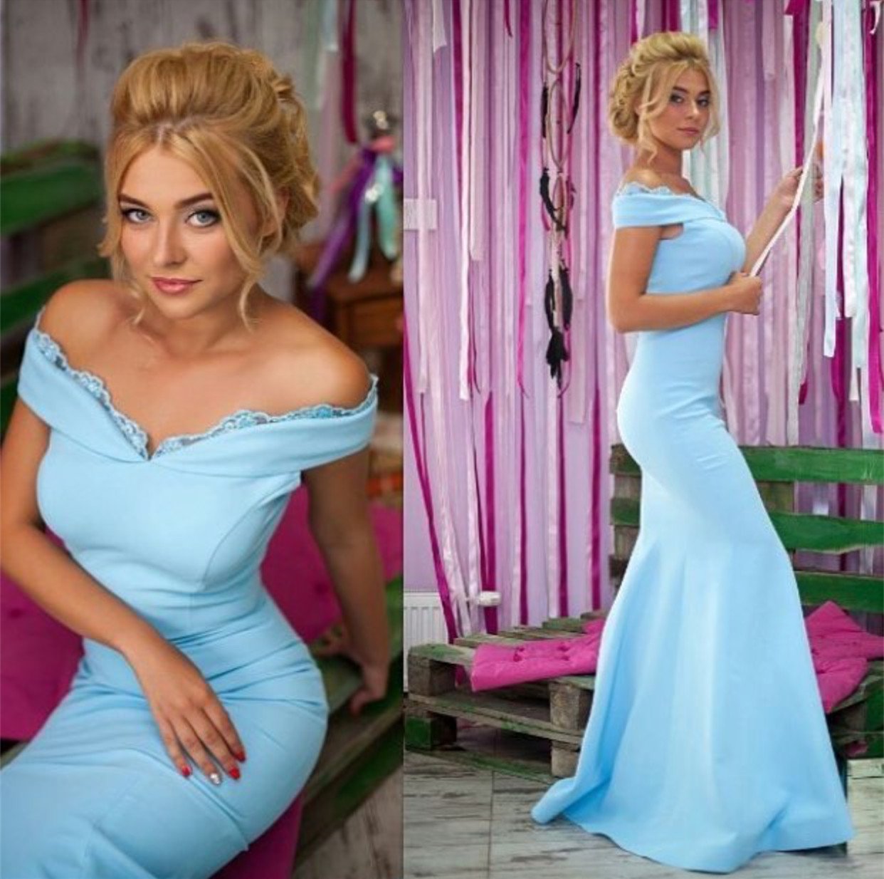 Light Blue Jersey Mermaid Prom Dresses V-neck Off Shoulder Evening Gowns