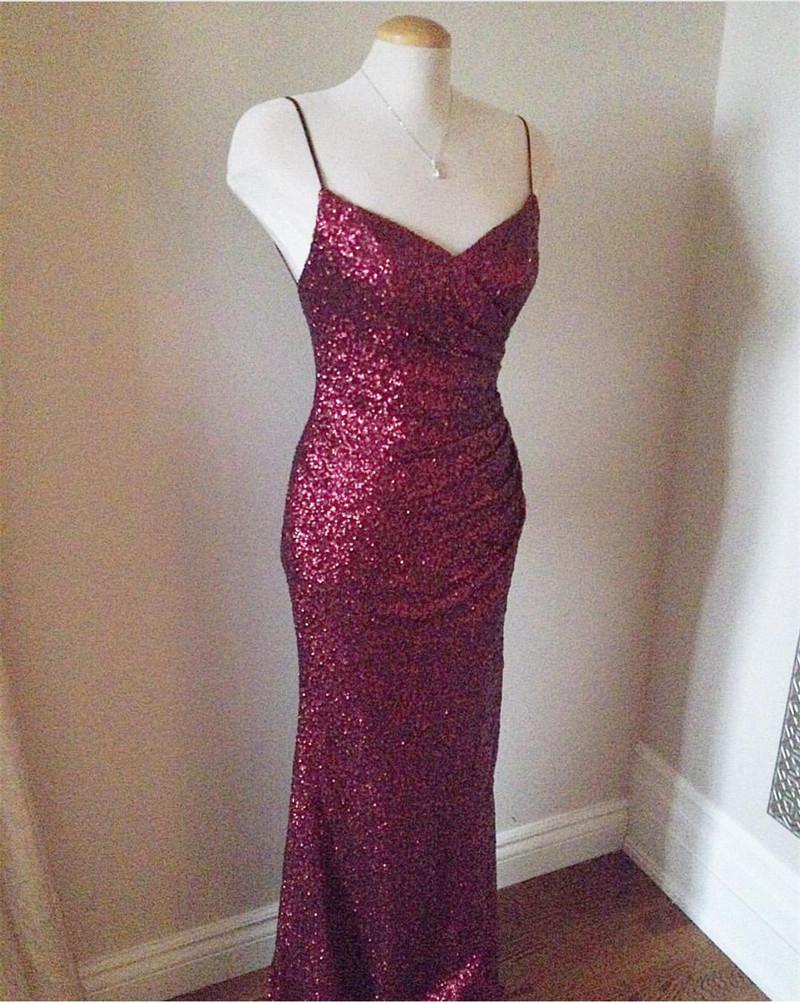 Long Burgundy Sequins V Neck Mermaid Bridesmaid Dresses