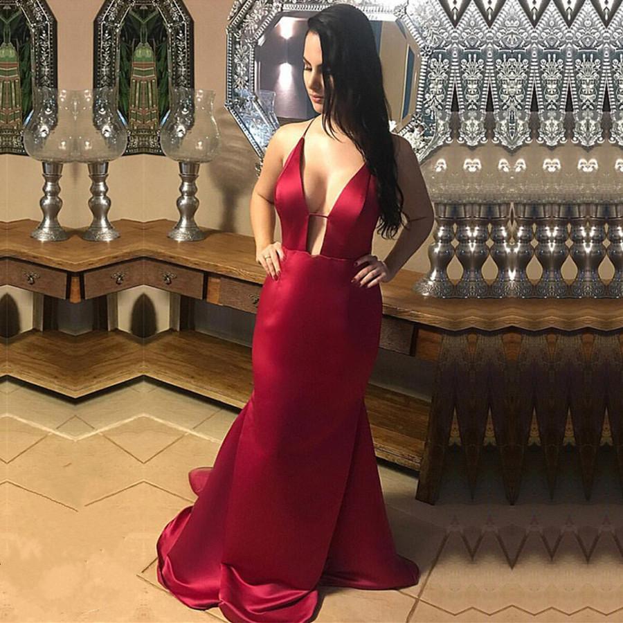 Plunge V-neck Long Satin Mermaid Prom Dresses Backless Evening Gowns