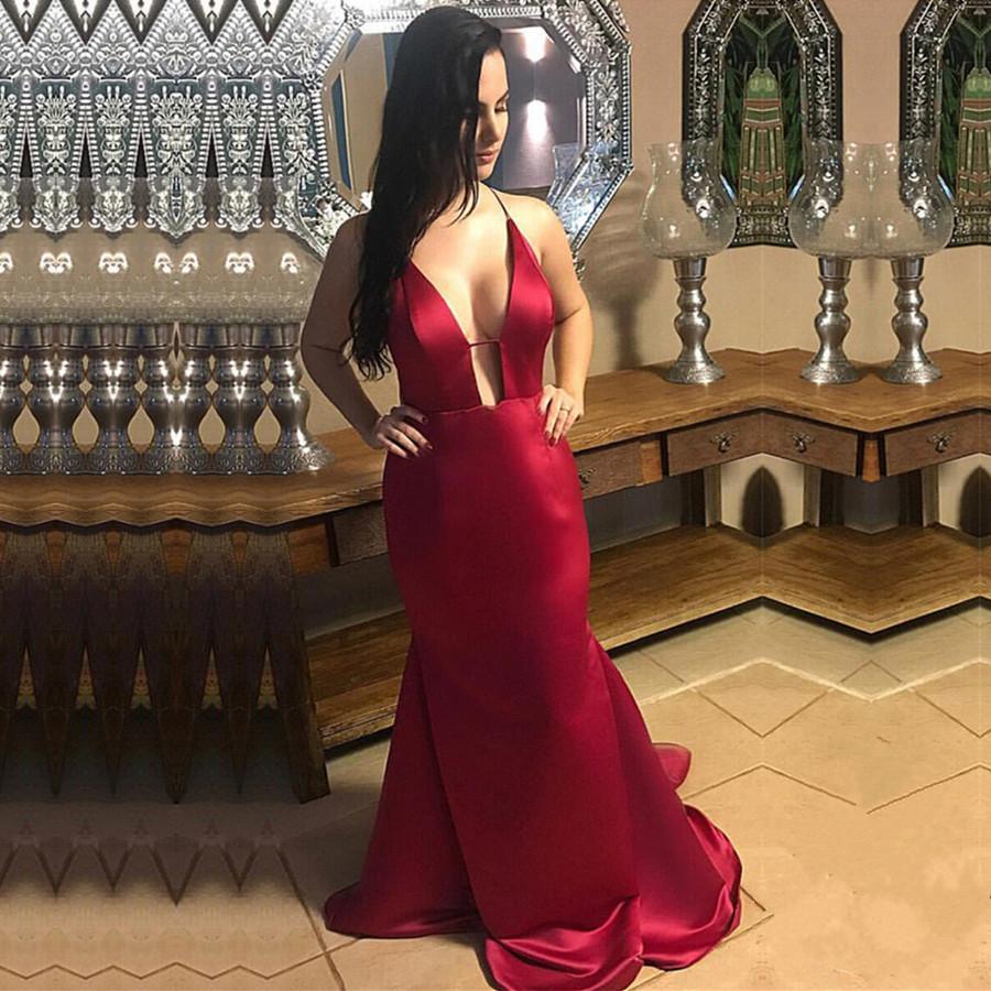 Plunge V-neck Long Satin Mermaid Prom Dresses Backless Evening Gowns