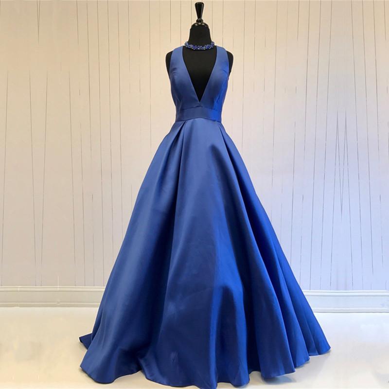 Sexy Deep V-neck Long Satin Bow Back Evening Dresses Floor Length Prom Gowns