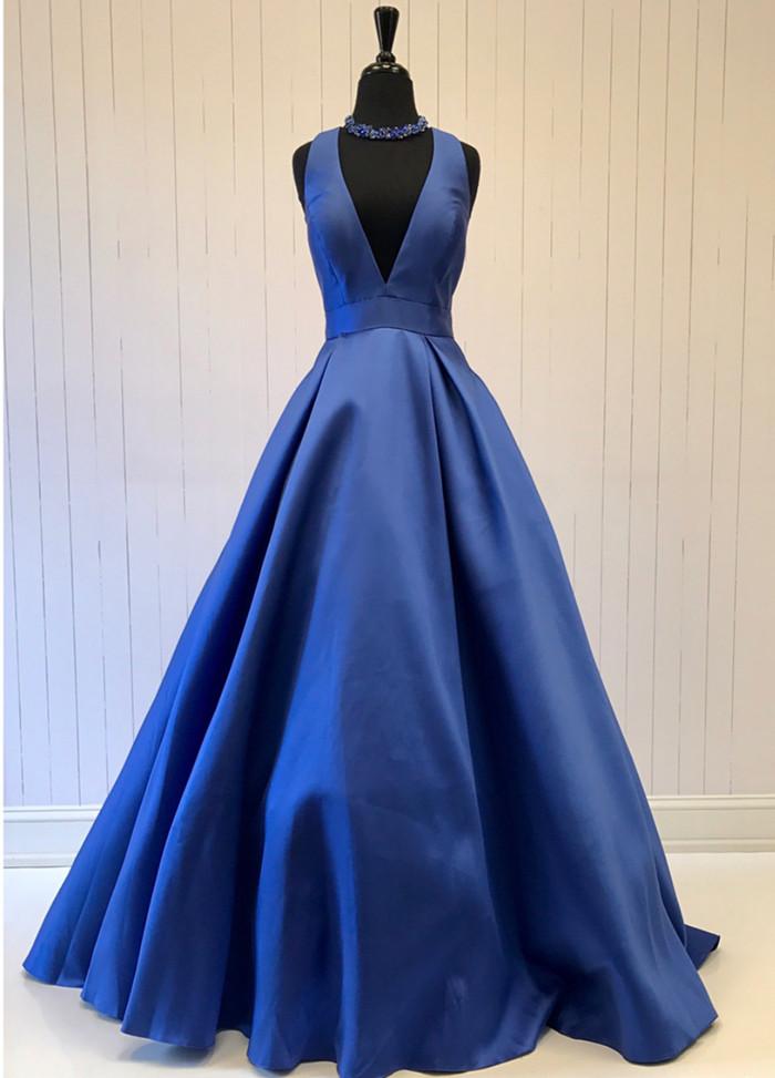 Sexy Deep V-neck Long Satin Bow Back Evening Dresses Floor Length Prom Gowns
