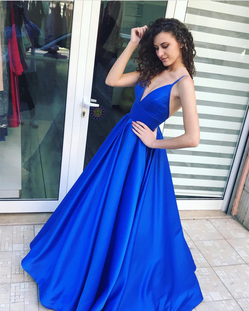 Deep V-neck Long Satin Royal Blue Evening Dresses