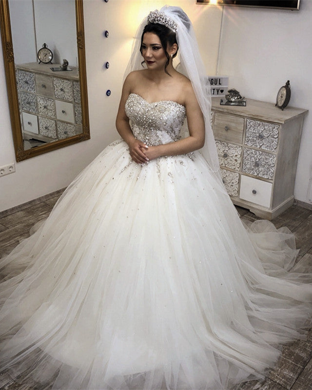 Crystal Beaded Sweetheart Tulle Ball Gowns Wedding Dresses