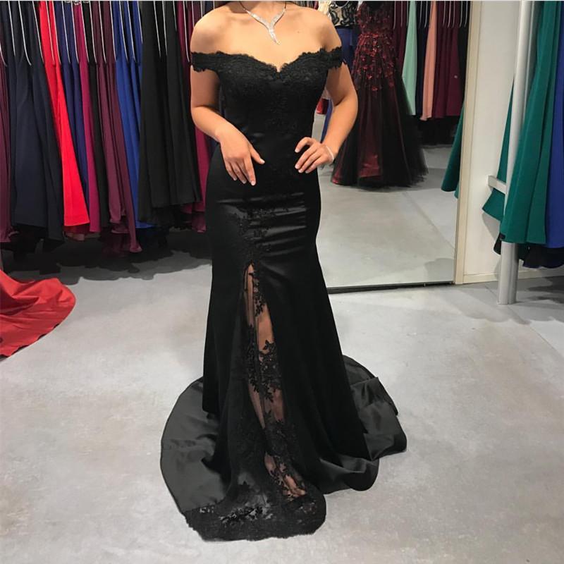 V-neck Off The Shoulder Long Satin Mermaid Formal Dresses Lace Appliques