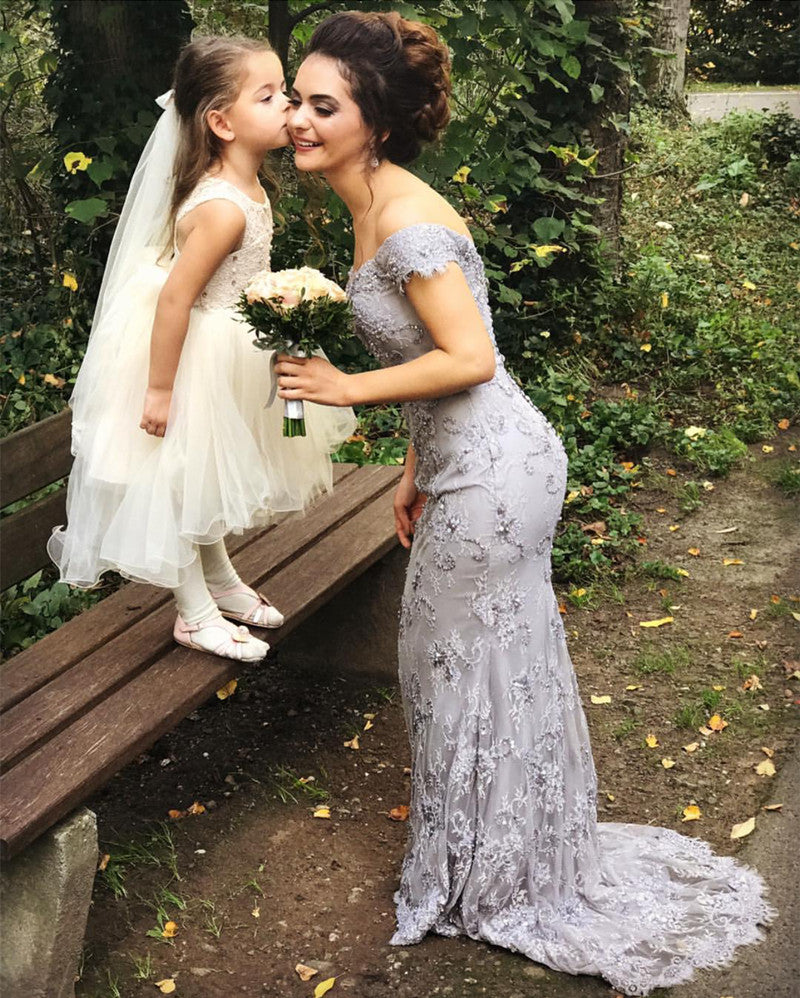 Mermaid Gray Lace Off Shoulder Prom Dress