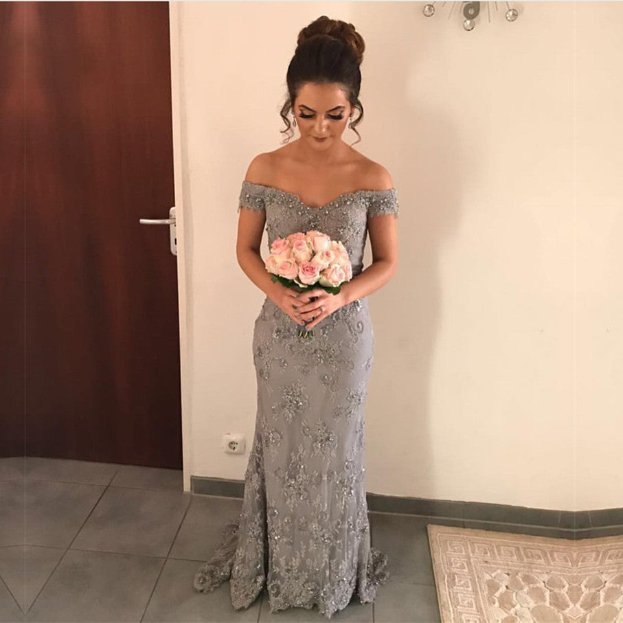 Mermaid Gray Lace Off Shoulder Prom Dress
