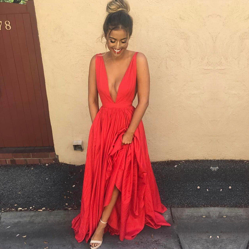 Sexy Plunge Neck Long Prom Dresses