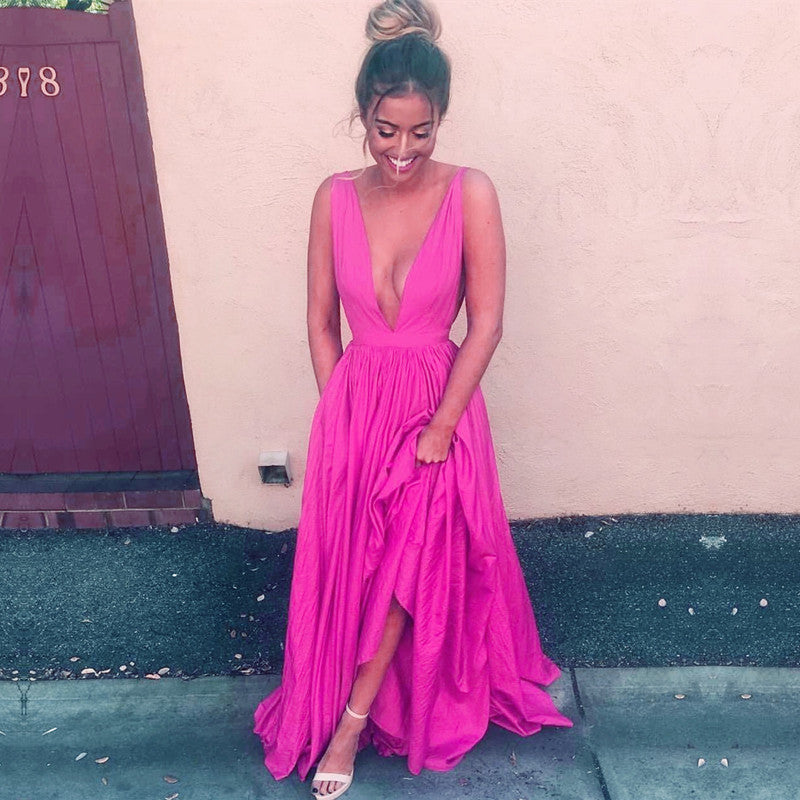 Sexy Plunge Neck Long Prom Dresses