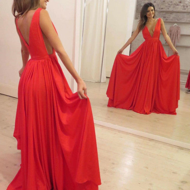 Sexy Plunge Neck Long Prom Dresses