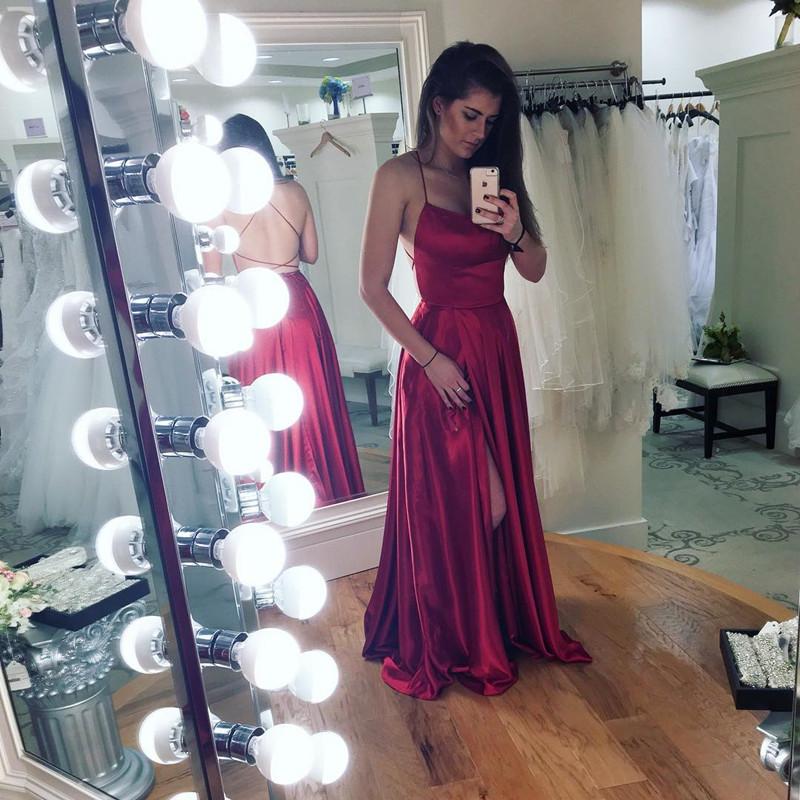 Long Satin Open Back Prom Dresses 2018 Leg Slit Evening Gowns