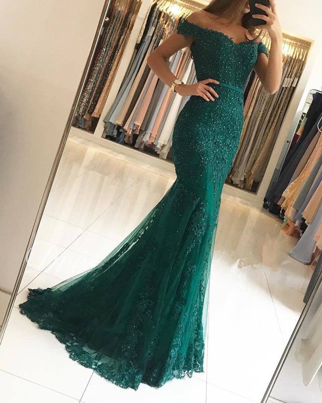 Off The Shoulder Prom Dresses Lace Mermaid V-neck Evening Gowns