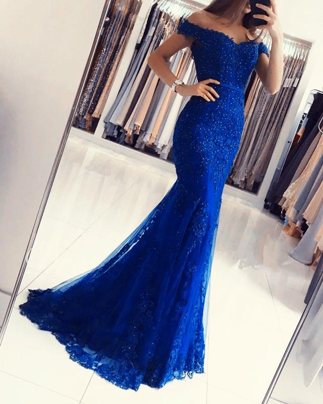 Off The Shoulder Prom Dresses Lace Mermaid V-neck Evening Gowns