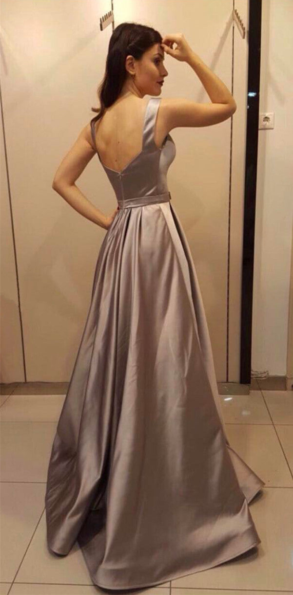 Plunge V-neck Floor Length Long Satin Formal Evening Dress For Prom Party