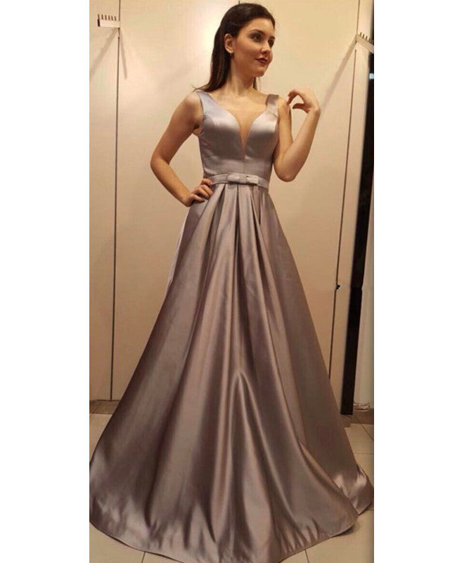 Plunge V-neck Floor Length Long Satin Formal Evening Dress For Prom Party