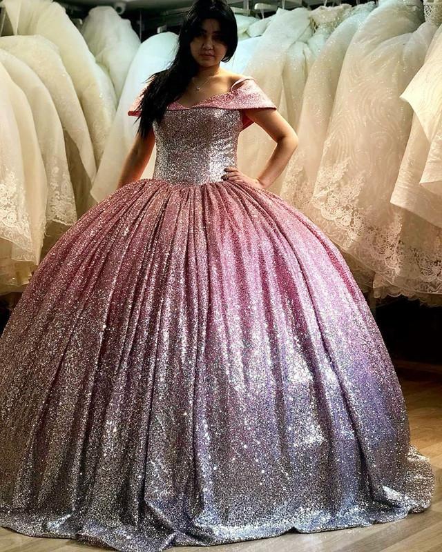 Bling Bling Sequins Off The Shoulder Ball Gowns Quinceanera Dresses