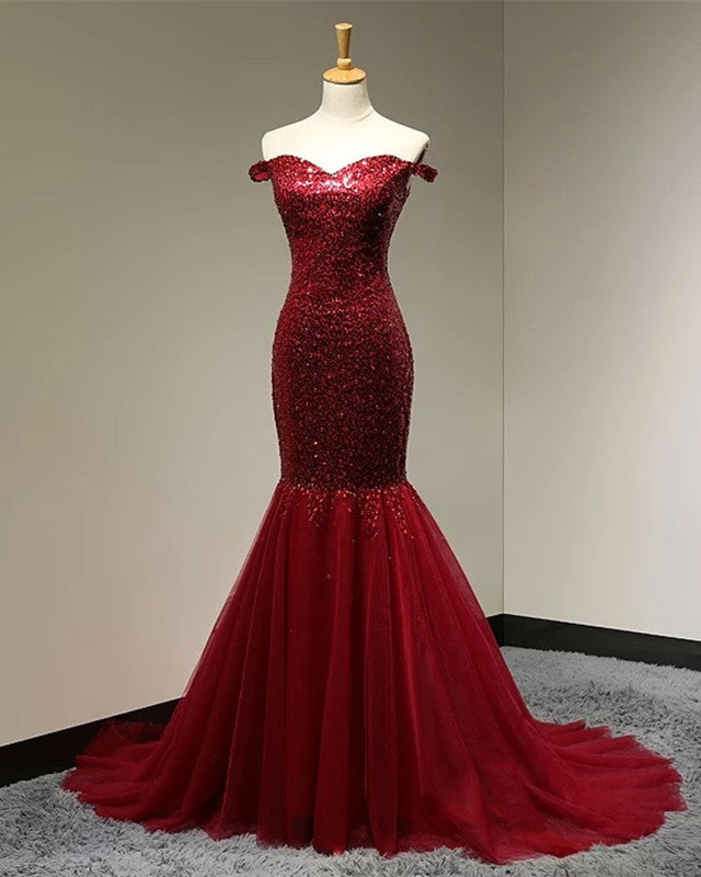 Burgundy Sequins Sweetheart Mermaid Off Shoulder Dress