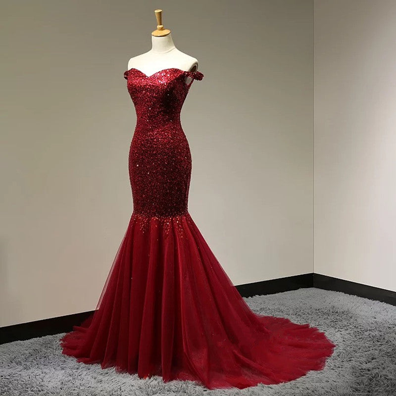 Burgundy Sequins Sweetheart Mermaid Off Shoulder Dress