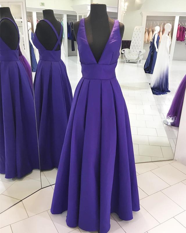 Long Satin V-neck Cross Back Prom Dresses Floor Length Evening Gowns