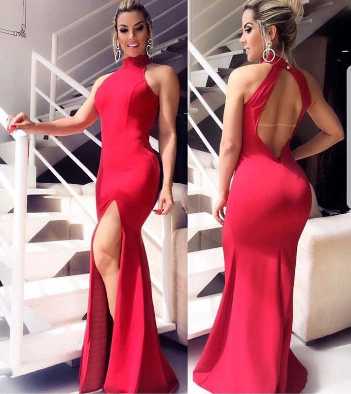 Sexy Halter Neck Open Back Long Slit Mermaid Evening Dresses
