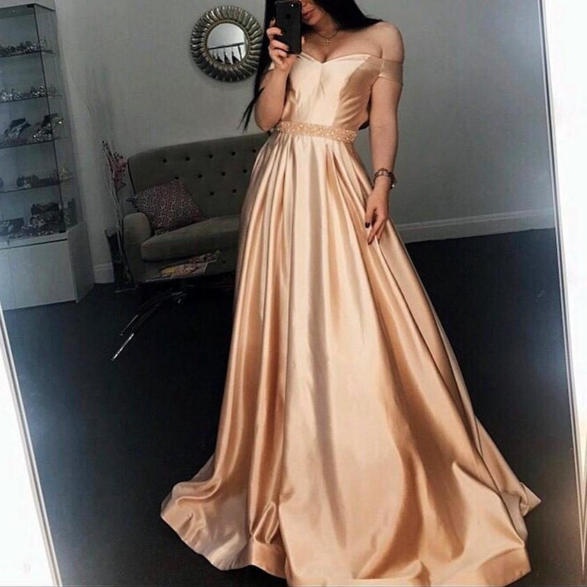 Long Champagne V Neck Evening Dress Off Shoulder Prom Gowns