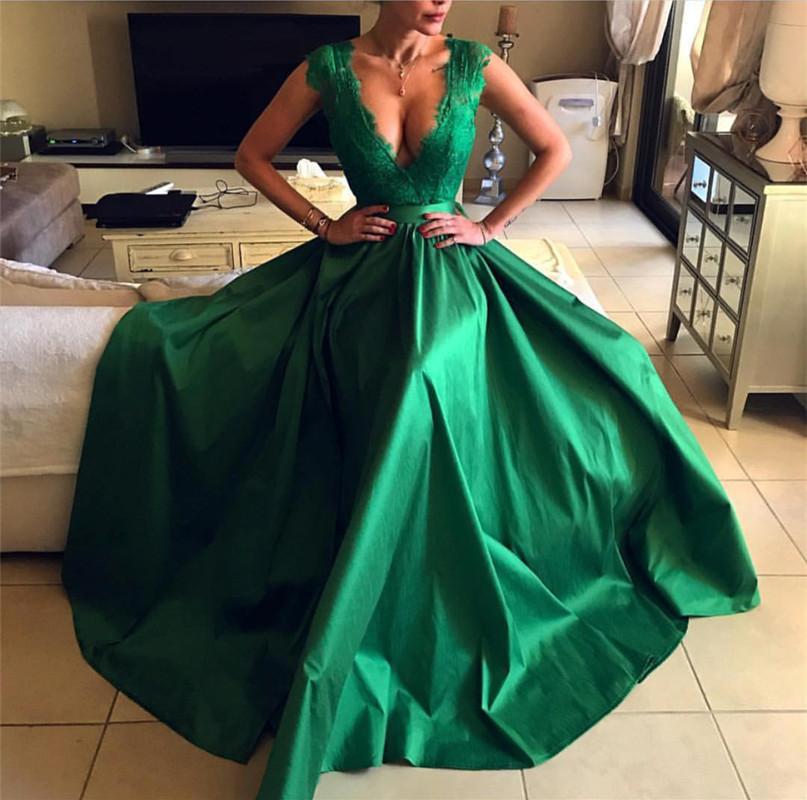 Modest Lace Cap Sleeves V-neck Long Leg Split Satin Prom Dresses 2019
