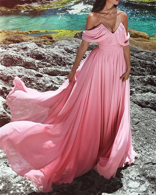 Sexy Ruched V-neck Long Chiffon Prom Dresses Off The Shoulder