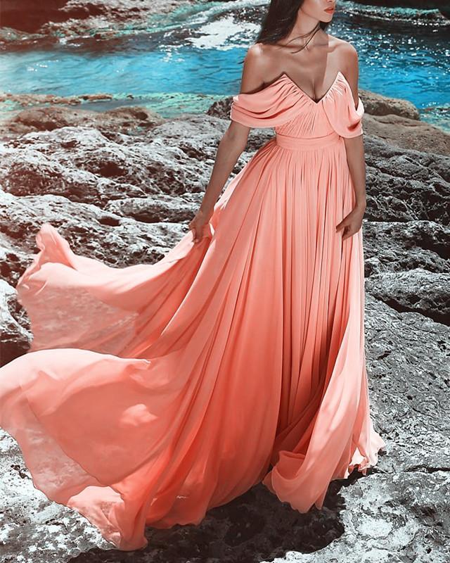Sexy Ruched V-neck Long Chiffon Prom Dresses Off The Shoulder