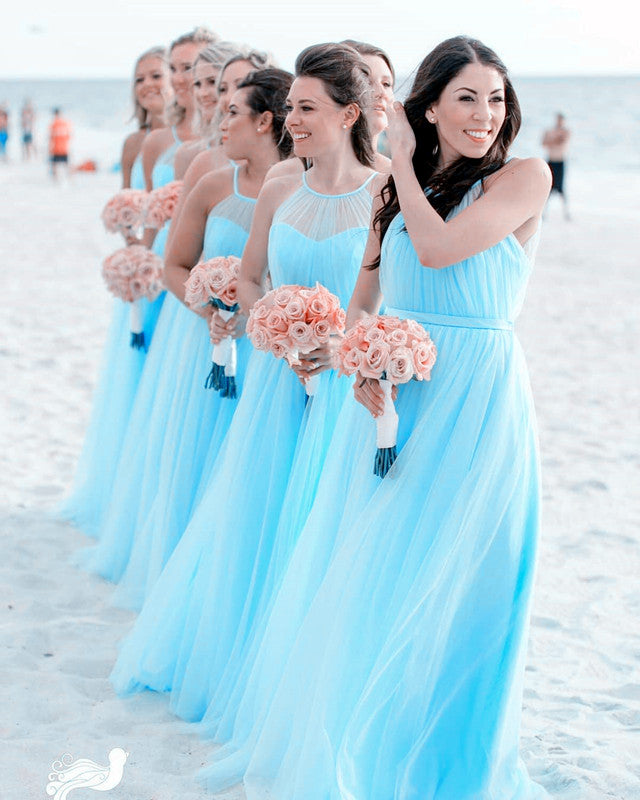 Halter Top Tulle Floor Length Bridesmaid Dresses For Weddings