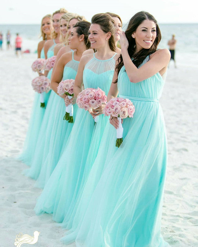 Halter Top Tulle Floor Length Bridesmaid Dresses For Weddings