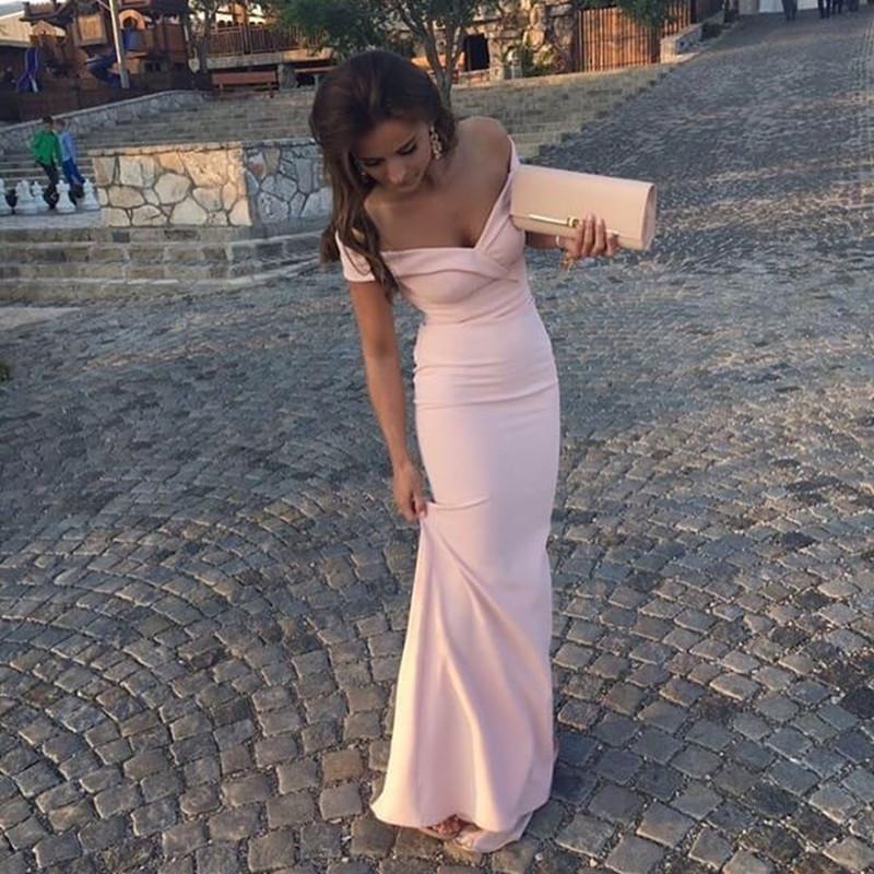 Pearl Pink V-neck Mermaid Off-the-shoulder Prom Dresses 2018 Long