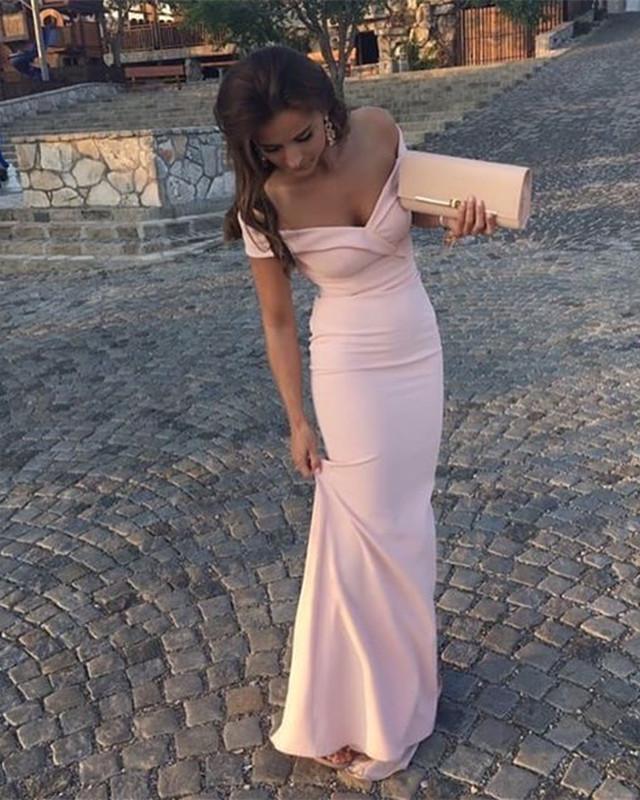 Pearl Pink V-neck Mermaid Off-the-shoulder Prom Dresses 2018 Long