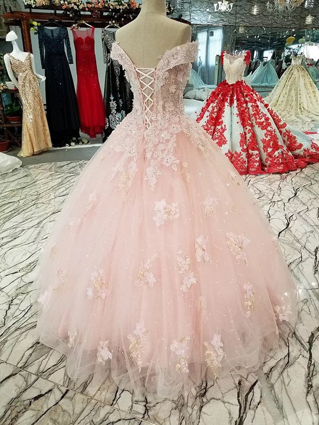 Blush Pink Wedding Dresses Ball Gowns Off Shoulder With 3D Lace Flowers