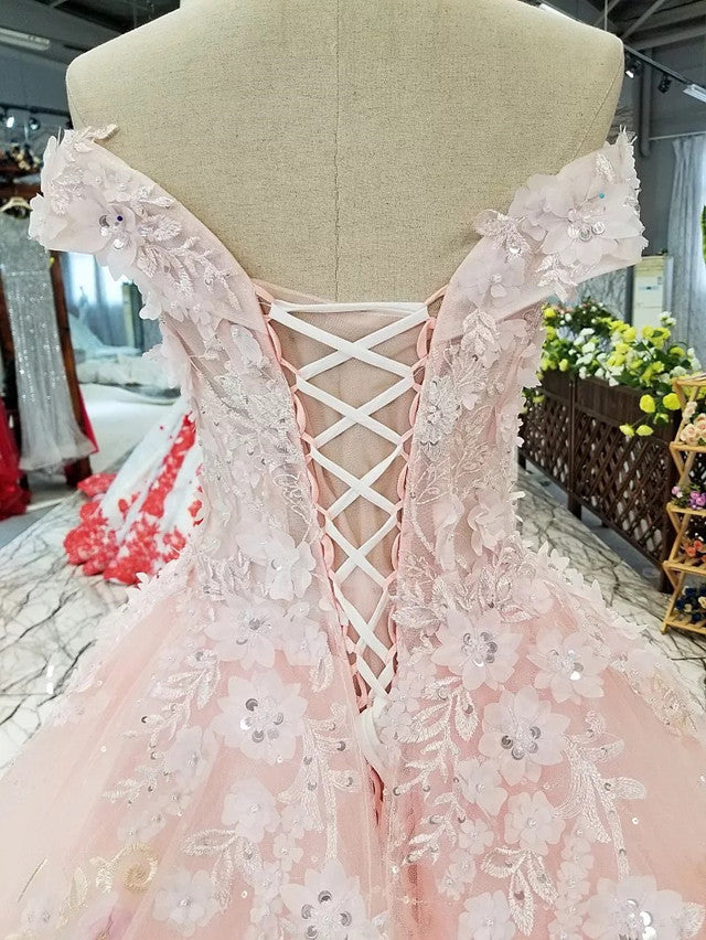 Blush Pink Wedding Dresses Ball Gowns Off Shoulder With 3D Lace Flowers