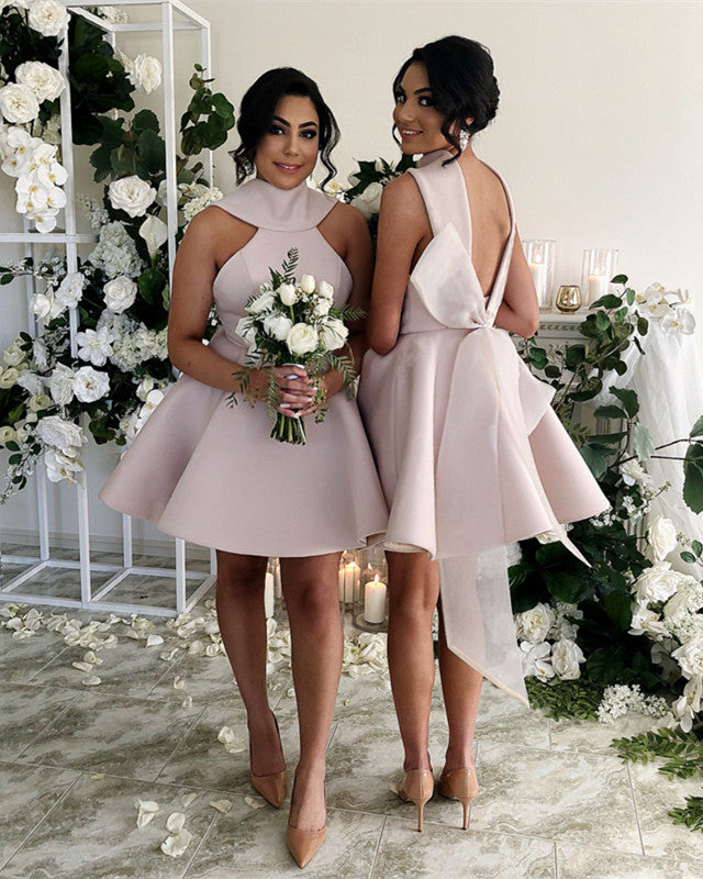 Short Halter Top Back Back Satin Ball Gowns Bridesmaid Dresses