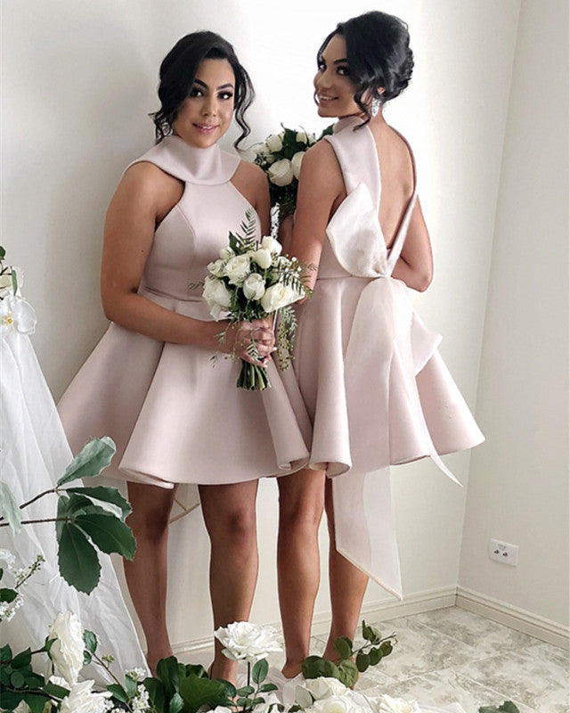 Short Halter Top Back Back Satin Ball Gowns Bridesmaid Dresses