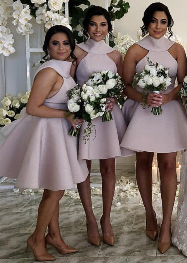 Short Halter Top Back Back Satin Ball Gowns Bridesmaid Dresses