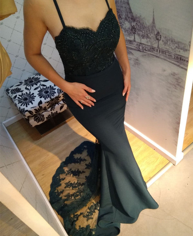 Spaghetti Straps Sweetheart Mermaid Bridesmaid Dress Lace Appliques