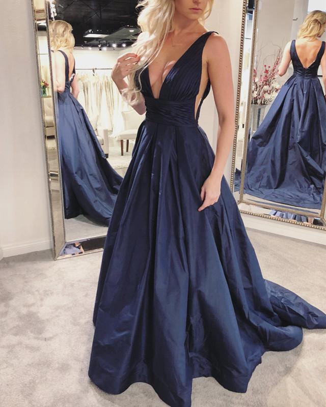 Navy Blue Long Taffeta Backless Prom Dresses 2018 Women's Evening Gowns