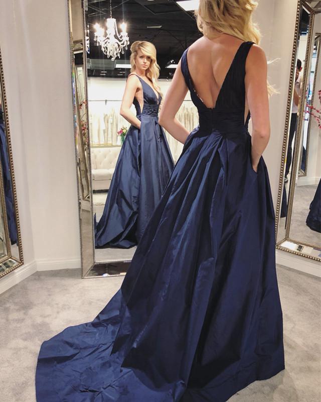 Navy Blue Long Taffeta Backless Prom Dresses 2018 Women's Evening Gowns