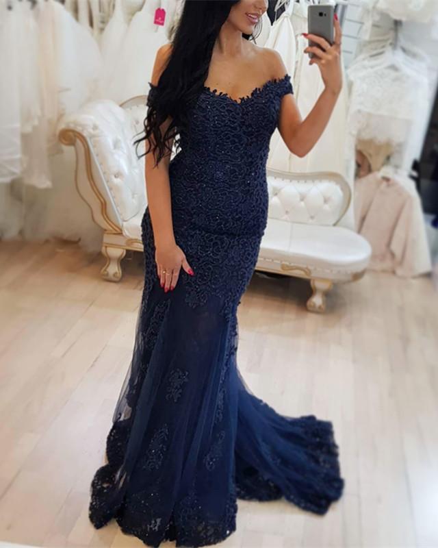 Lace V-neck Off The Shoulder Mermaid Prom Dresses