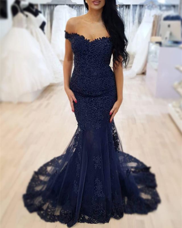 Lace V-neck Off The Shoulder Mermaid Prom Dresses