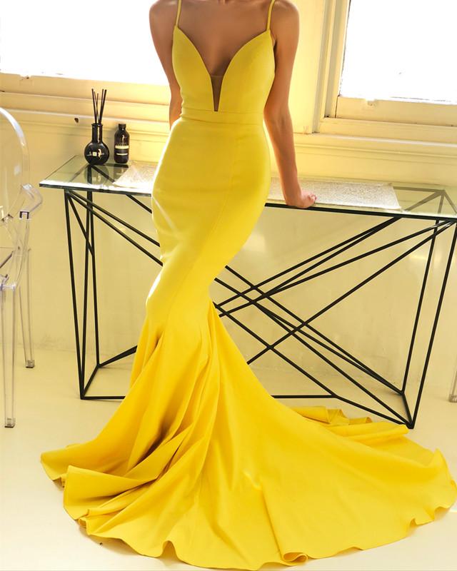 Sexy Plunge Neck Long Satin Open Back Mermaid Prom Dresses