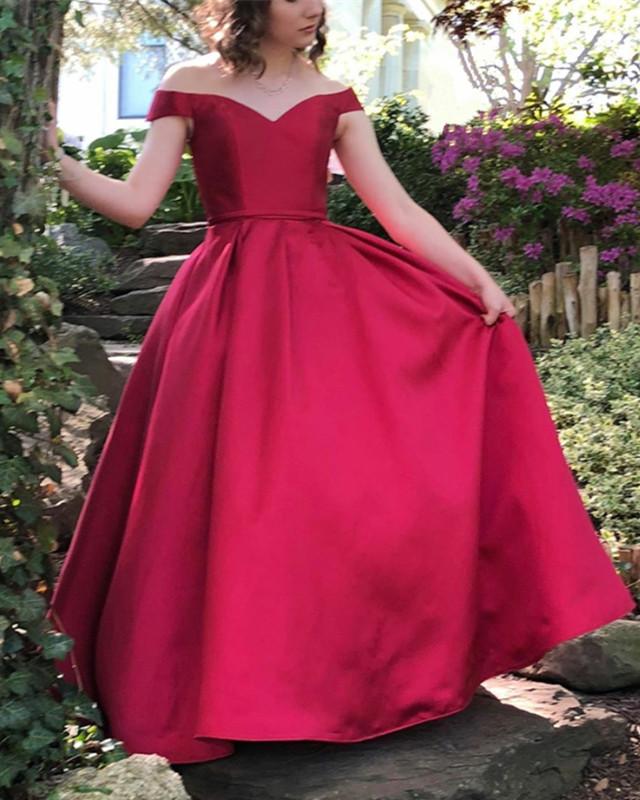 Long Satin Off-The-Shoulder Ball Gown Prom Dresses Plus Size