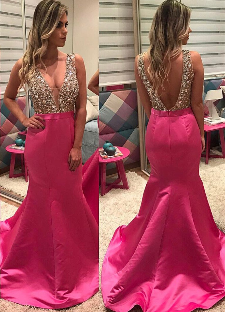 Pearl Beaded V-Neckline Satin Mermaid Evening Dress Backless Prom Gowns
