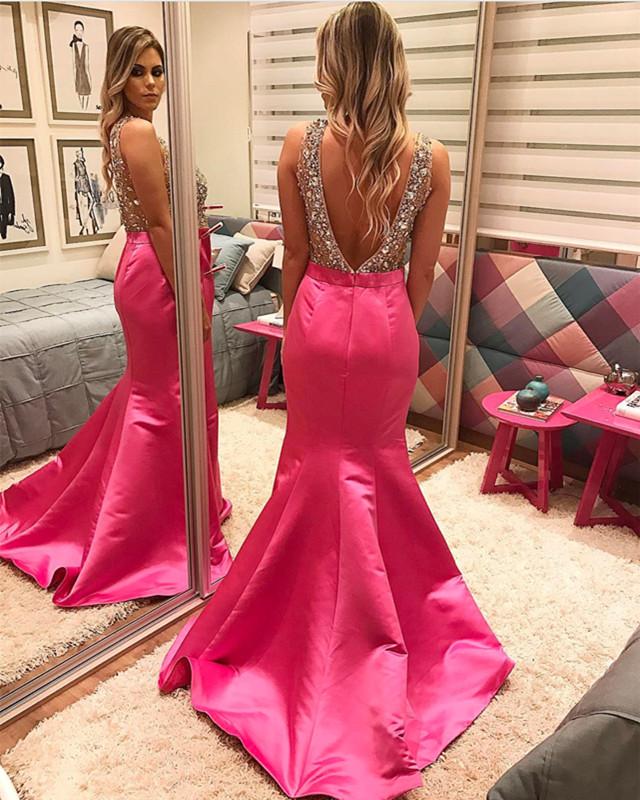 Pearl Beaded V-Neckline Satin Mermaid Evening Dress Backless Prom Gowns