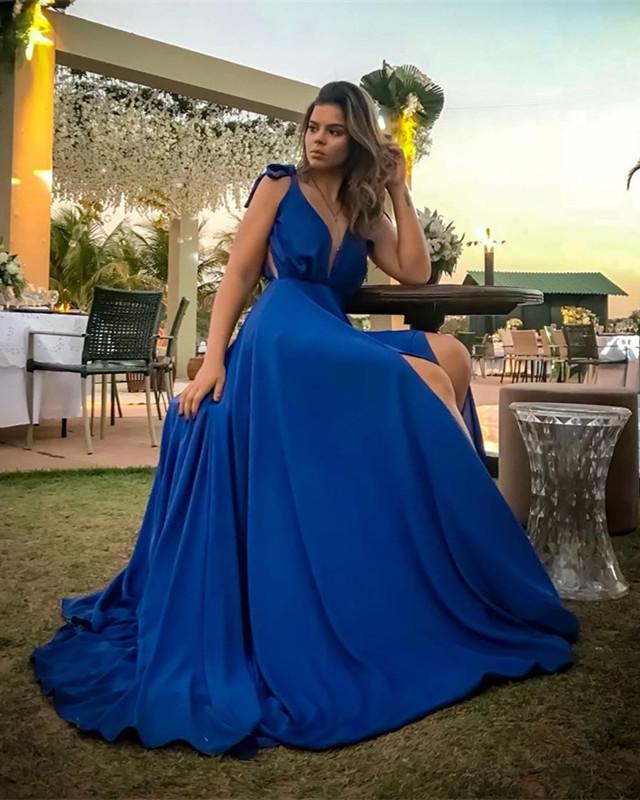 Sexy Plunge V-neck Long Chiffon Prom Dresses 2019