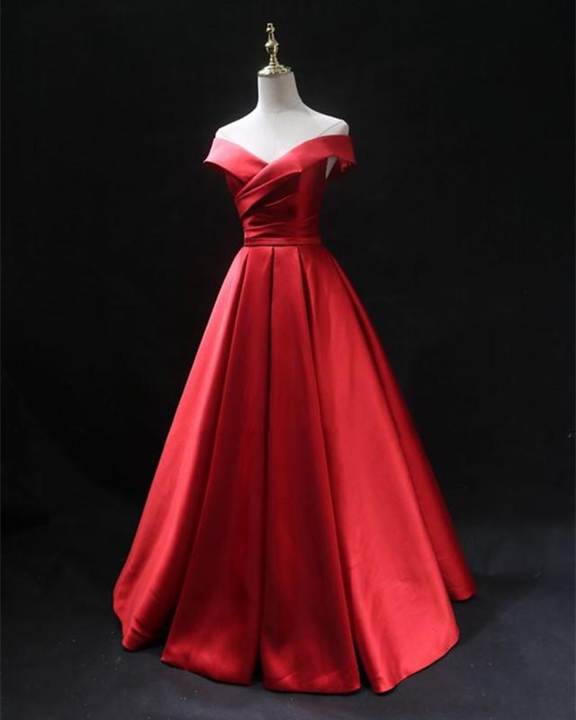 Long Red Satin Prom Dresses 2019 Off The Shoulder Evening Gowns